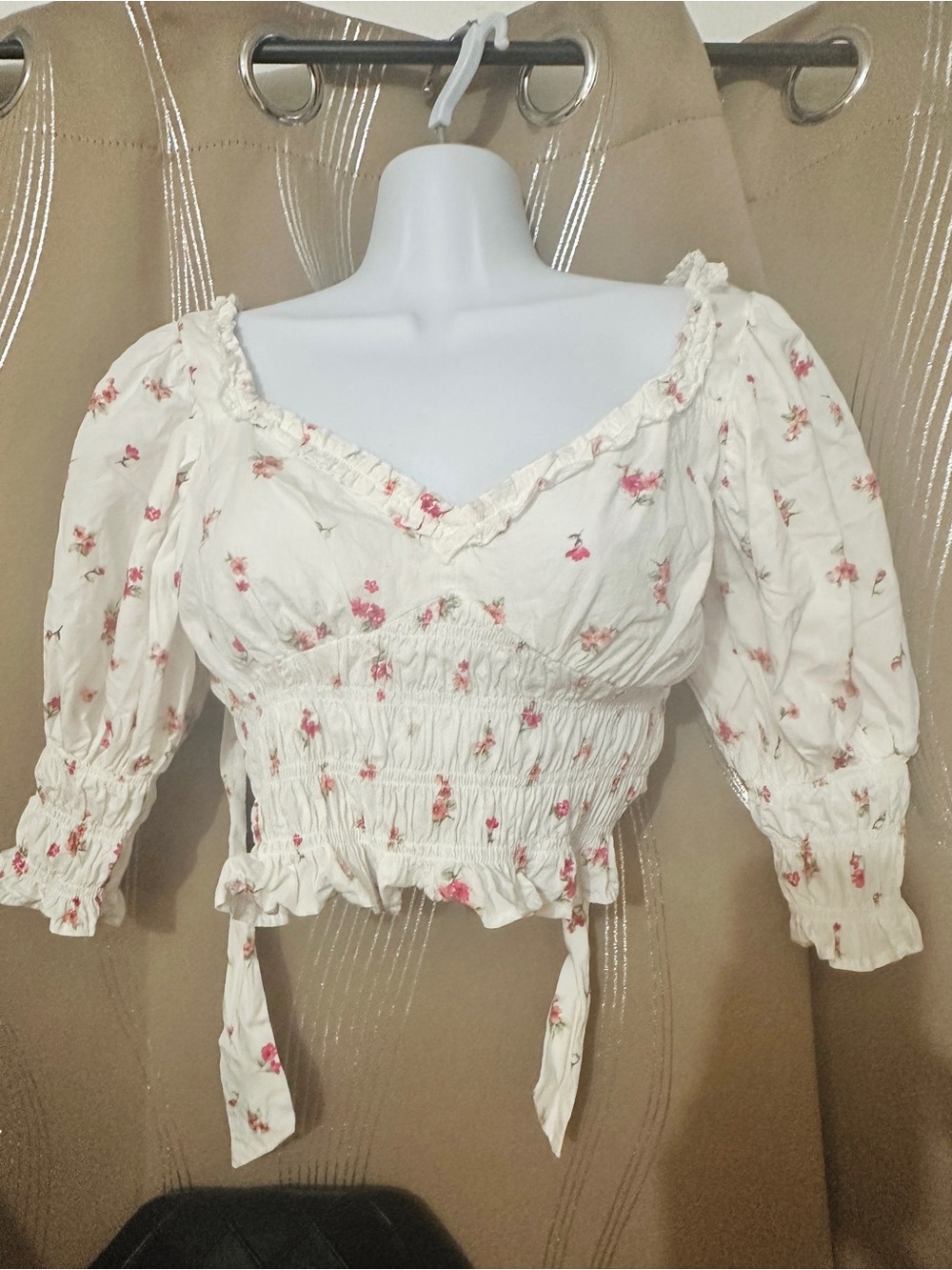 Forever 21 Cream Smocked Crop Top with Pink Floral Print